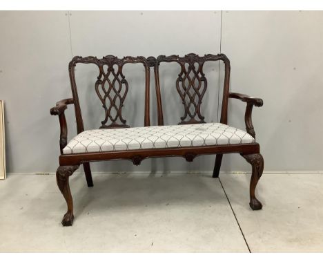 A Chippendale Revival mahogany chair back settee, width 137cm, height 103cm. Condition - good but for a stain on the fabric o