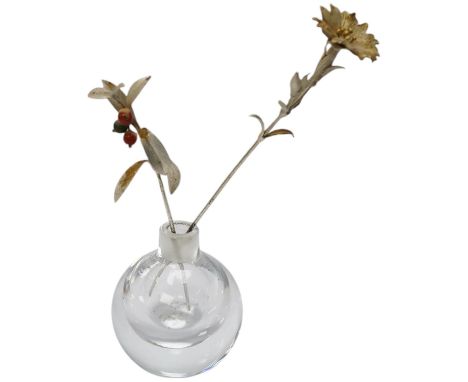 A 1980's silver gilt holly sprig and similar carnation, 15.7cm, in an Orrefors vase ornament, Condition - fair to good