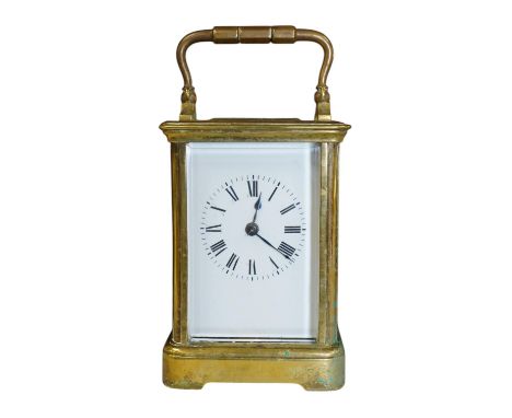 A late 19th century French brass cased eight day carriage clock, 11cm high. Condition - fair, would benefit from a clean, not