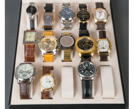Konvolut Armbanduhren im Etui, u.a. „Astron“, „Auriol“, „Calvaneo“, „Cavandini“, „Cerruti“, „Christ“, „Junghans“, „Junkers“, 