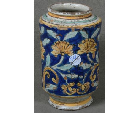 Albarello. Italien 16./17. Jh. Fayence, bunt bemalt mit Floraldekor, ohne Marke, H=27 cm. Provenienz: Kunsthandel Heinz Reich