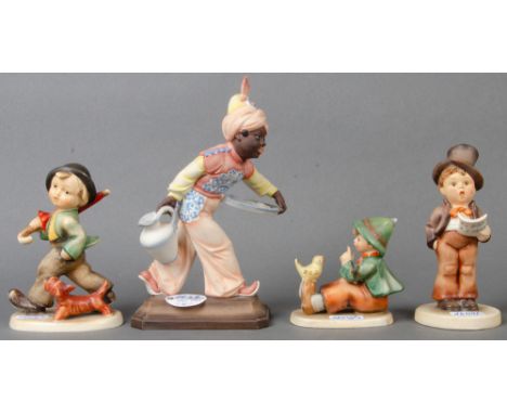 Vier Figuren. Goebel / Rosenthal 20. Jh. Porzellan, bunt bemalt; am Boden gemarkt. Bestehend aus:  Wanderbub mit Schirm, Cham