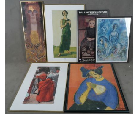 Sechs Plakate von Marc Chagall, Ferdinand Hodler, Alexej van Jawlensky, Paula Modersohn-Becker und Gustav Klimt, 70 x 51 bis 
