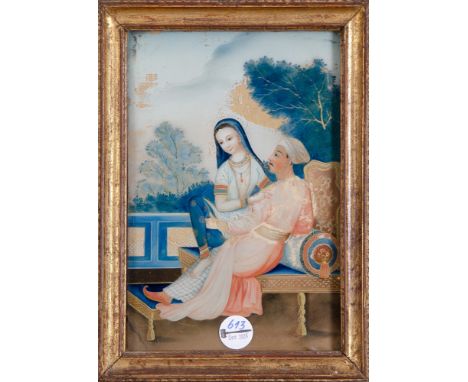 Maler des 19. Jhs. Orientalisches Paar auf Sofa. Hinterglasmalerei, gerahmt, 29 x 20 cm. (besch.)