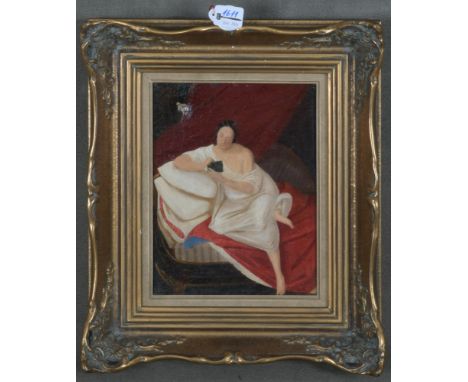 Maler des 20. Jhs. Porträt einer auf Sofa sitzenden Dame. Öl/Lw., gerahmt, 26 x 21 cm. (besch.)