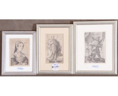 Drei Kupferstiche: Wenceslaus Hollar (1607-1677), „Catherine Howard“, 10 x 7 cm; Lucas van Leyden (1494-1533), zwei Ritter mi