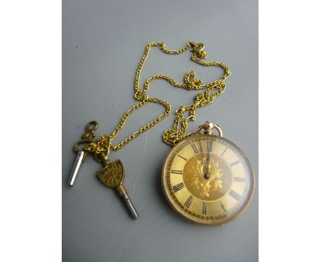 Vintage gold colour keywind pocket watch with two winding keys on a base metal necklace chain