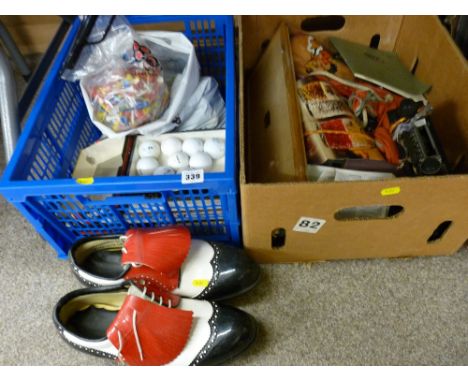 Vintage golfing shoes and other golfing items and a box of mixed household goods
