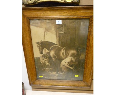 Antique oak framed print of a blacksmith with horse at work