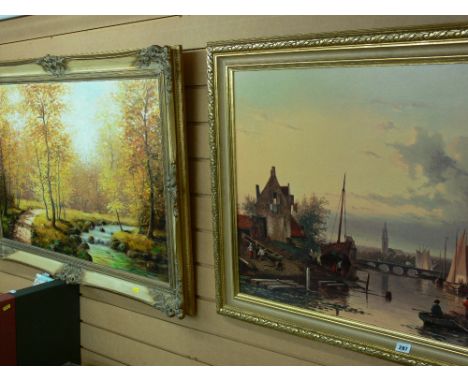 RENE oil on canvas - riverside and country scene in a gilt frame, 59 x 89 cms and another similar size Continental print by S