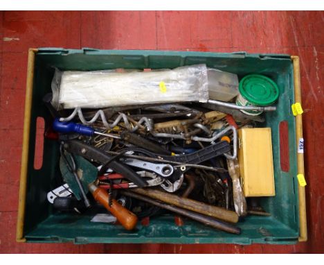 Crate of various mechanic's hand tools, grease gun, Stanley work plane etc