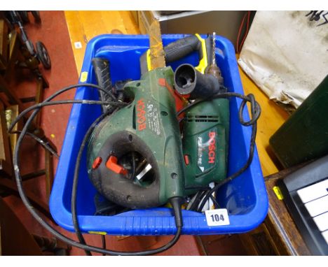 Blue tub containing Bosch power tools, small Stanley plane and a Bradex Super battery charger, hand tools E/T