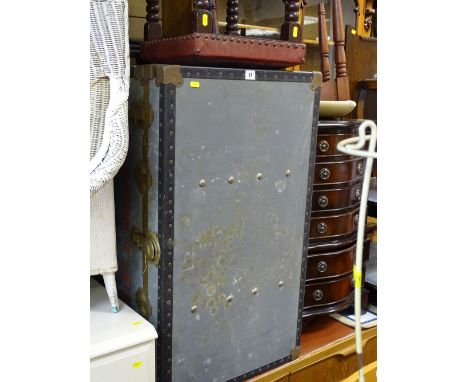 Metal travel trunk inscribed 'Karen J Lees' and a small studded footstool