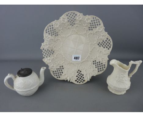 Cream ware reticulated plate (damage), a small Victorian relief patterned teapot and a similarly styled parian jug