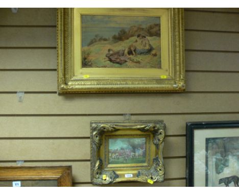 Unsigned prints - hunting scene and children at the coast, both in good ornate frames