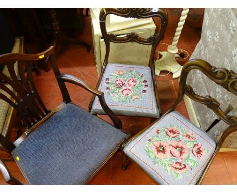 Pair of antique style tapestry floral upholstered chairs and a wheatsheaf back elbow chair
