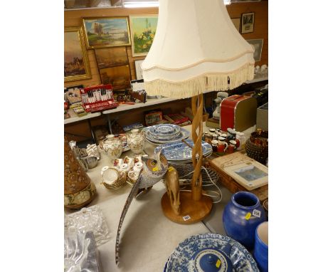 Well carved table lamp and an interesting treen owl in full flight