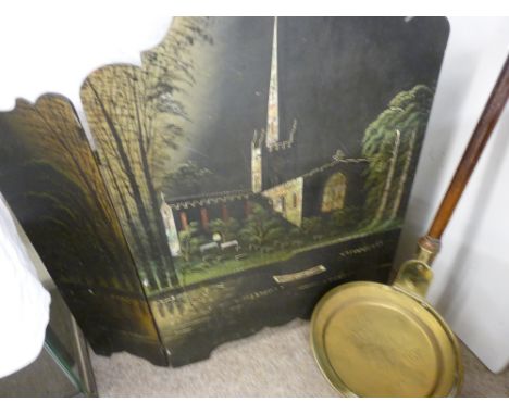 Long handled bedwarming pan and a japanned firescreen with churchyard image