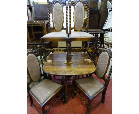 Barley twist gate leg drop leaf table and four barley twist chairs with matching upholstered seats and backs