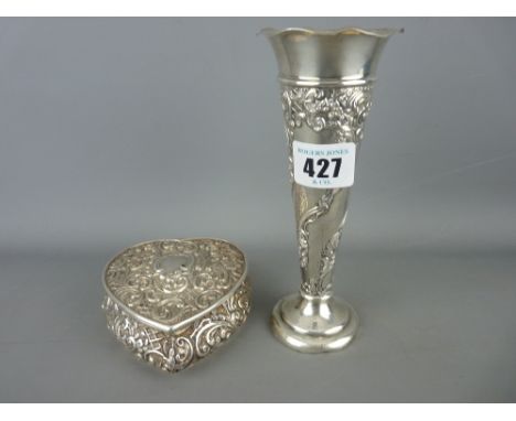 Hallmarked silver heart shaped trinket box and a London stamped trumpet vase with loaded base