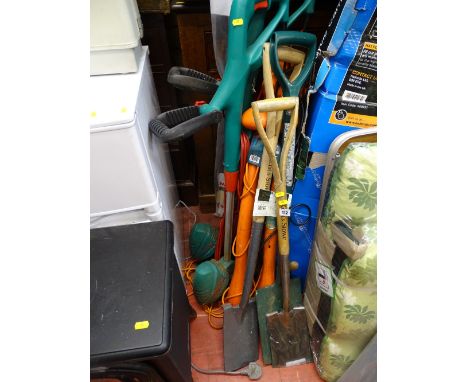 Two Bosch strimmers, two Flymo strimmers, a Quality Kent &amp; Stow spade and other long handled garden tools etc E/T