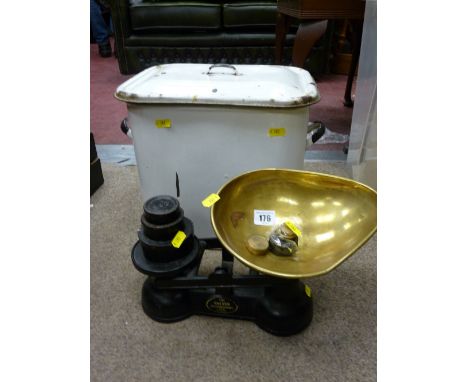 Enamel bread bin, an old iron scales with brass weights and a copper kettle
