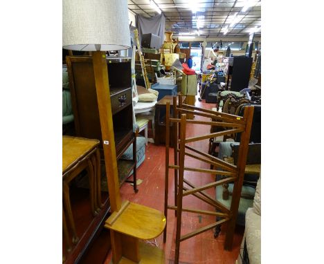 Mid Century wooden standard lamp with incorporated side table and a pine folding towel airer