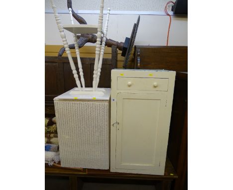 Vintage white painted small cupboard, loom style ottoman basket and a white painted occasional table