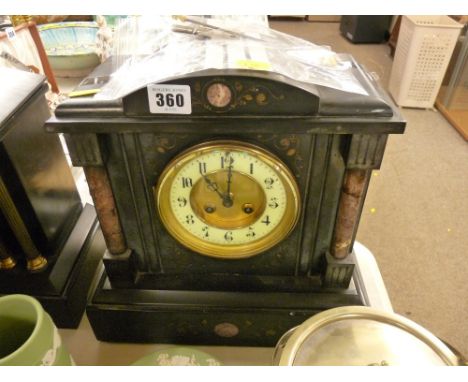 Excellent compact slate mantel clock with marble pillared supports, key and pendulum present