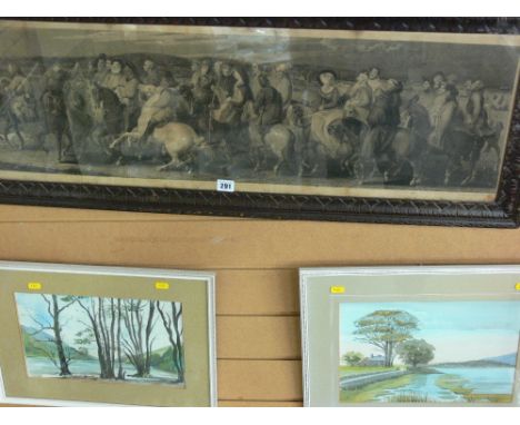 Two similar watercolours - countryside scenes and an antique print - maidens on horseback
