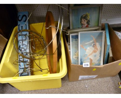 Box of various prints and a tub of miscellaneous items