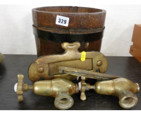 Vintage brass taps, letterbox and a metal banded pail