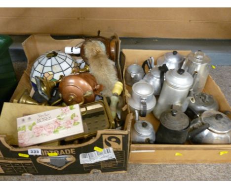Box of mixed vintage items including copper kettle, Tiffany style lampshade etc and a box of mainly white metalware