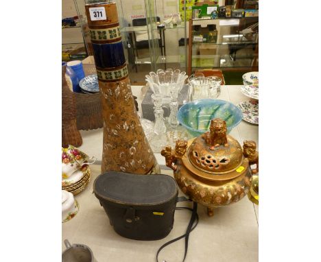 Doulton Burslem narrow necked vase, 58 cms high, cased set of vintage field glasses and a Satsuma temple lion decorated three