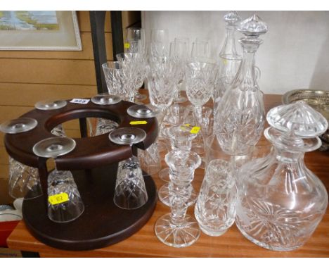 Good parcel of drinking glassware including a pair of decanters with stoppers, another decanter etc