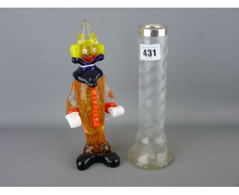 Vintage spiral glass vase with hallmarked silver collar and a Murano glass clown