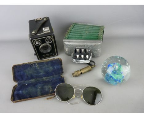Magnus Jnr accordion, a 1939 dated whistle, cased pair of vintage glasses and a Kodak SIX-20 Brownie C camera