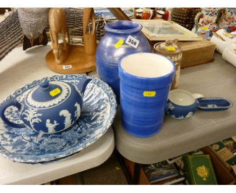 Parcel of Wedgwood Jasperware, Dudson coffee pot and two excellent blue and white bird decorated chargers etc