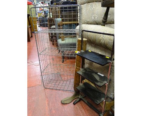 Vintage shoe horn, metal rack and a brass and chrome metal three shelf compact stand