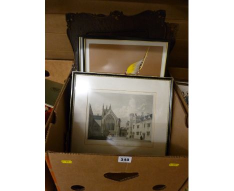 Engraving of Merton College Chapel, pair of African tourist prints and a parcel of crystoleums