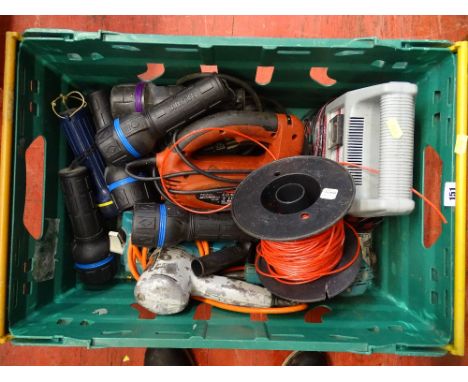 Crate of various electric garage items including Extreme jigsaw, Roadster battery charger, electric hand drills, sander, quan