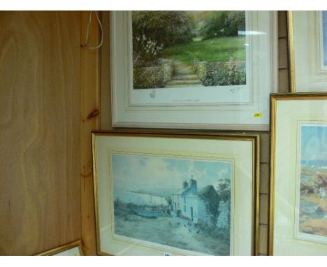 WARREN WILLIAMS ARCA limited edition (400/500) stamped print - North Wales cottage with boats in the background and lady feed