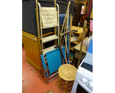 Long handled garden tools, stepladder etc