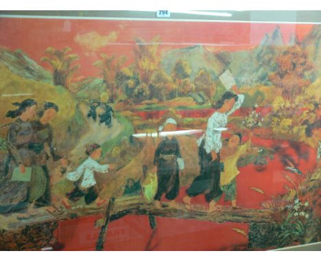 T NGOC 1963 Oriental print - family scene, 54 x 82 cms