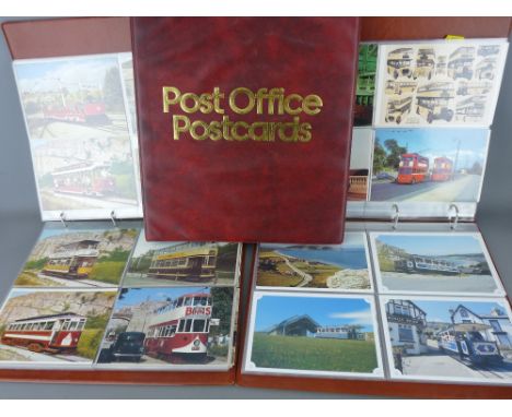 Three album collection of vintage and reproduction postcards and Royal Mail postcards - trams, trains, boats and planes, phot