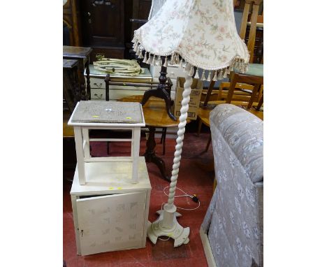 Vintage white painted food cupboard, white painted barley twist standard lamp and shade and small cork top white painted stoo