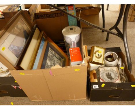 Two boxes of mixed household items including prints, glassware, clocks etc