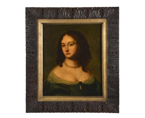 Manner of Adriaen Hanneman (Dutch, c. 1603-1671) Portrait of a lady in a blue dress with jewelled pendant at her breast and p