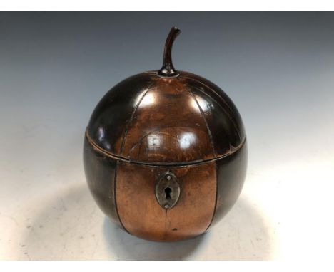 A George III fruitwood tea caddy in the form of a melon, with carved stalk and three stained segments 14.50cm (6in)  