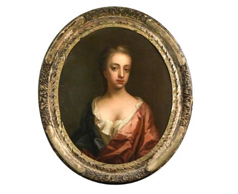 Sir Godfrey Kneller and Studio (British, 1646-1723) Portrait Martha Lovelace, head and shoulders, in a blue dress and pink cl